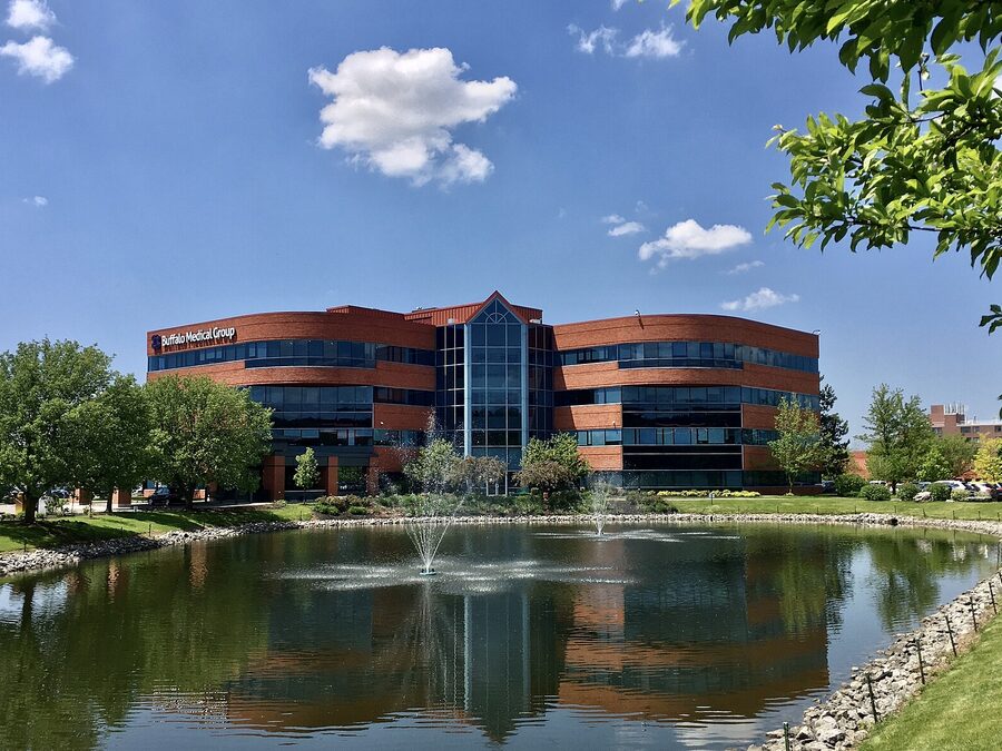 Suburban office building with landscaped grounds